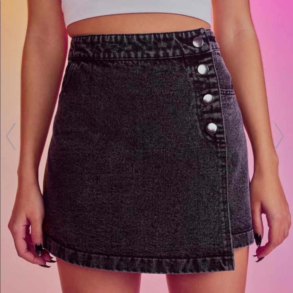 Dolls Kill Horiscopez mock wrap black denim skirt